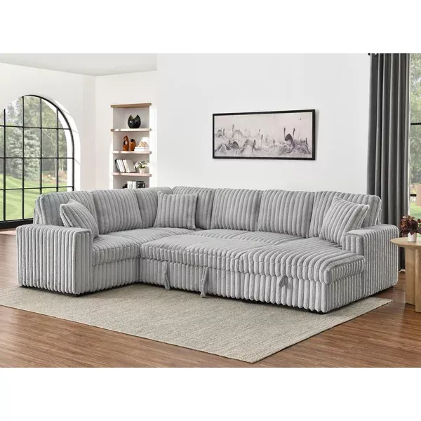 [SantaChoice] 122 Inch Pull Out Couch, Rabbit plush Fabric Sofa Bed with USB Ports & Comfy Upholstered, Oversized U Shape Sectional Sleeper Sofa Bed with Storage Chaise, Grey
