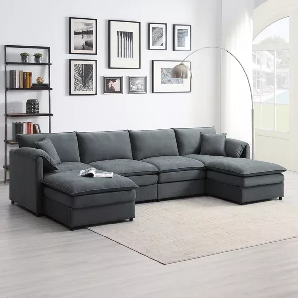 [SantaChoice] 134*66″ Chenille Modular Sectional Sofa,U Shaped Cloud Couch Set with Double Cushions ,6 Seat Sleeper Sofa Bed with Ottomans,Oversized Indoor Furniture for Living Room, 3 Colors